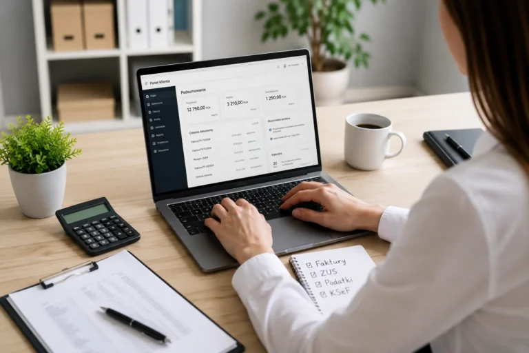 kobieta korzystająca z systemu księgowości online na laptopie